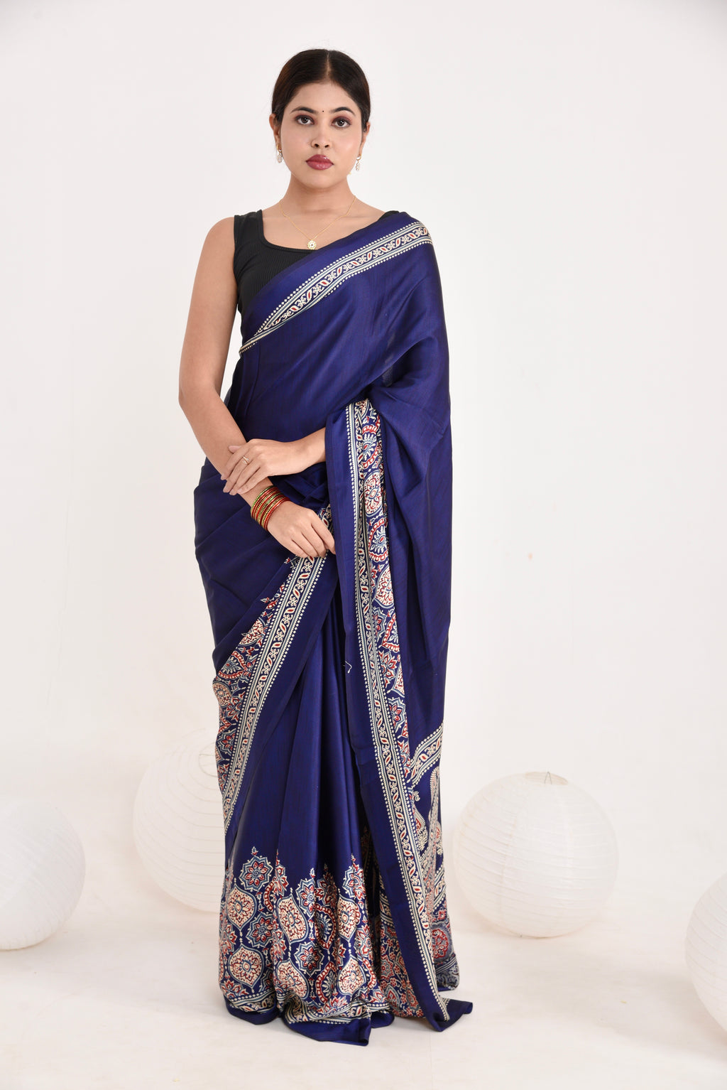 Half Printed Ajrakh Saree