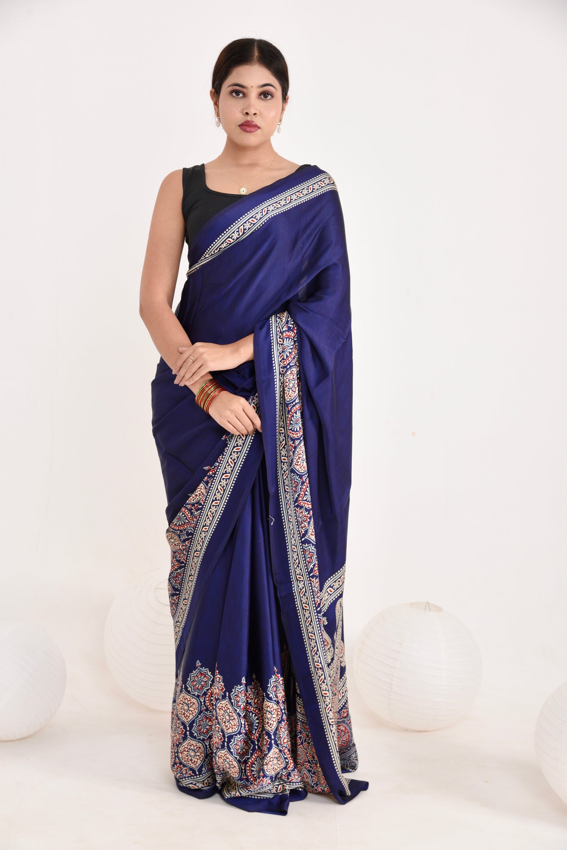 Half Printed Ajrakh Saree