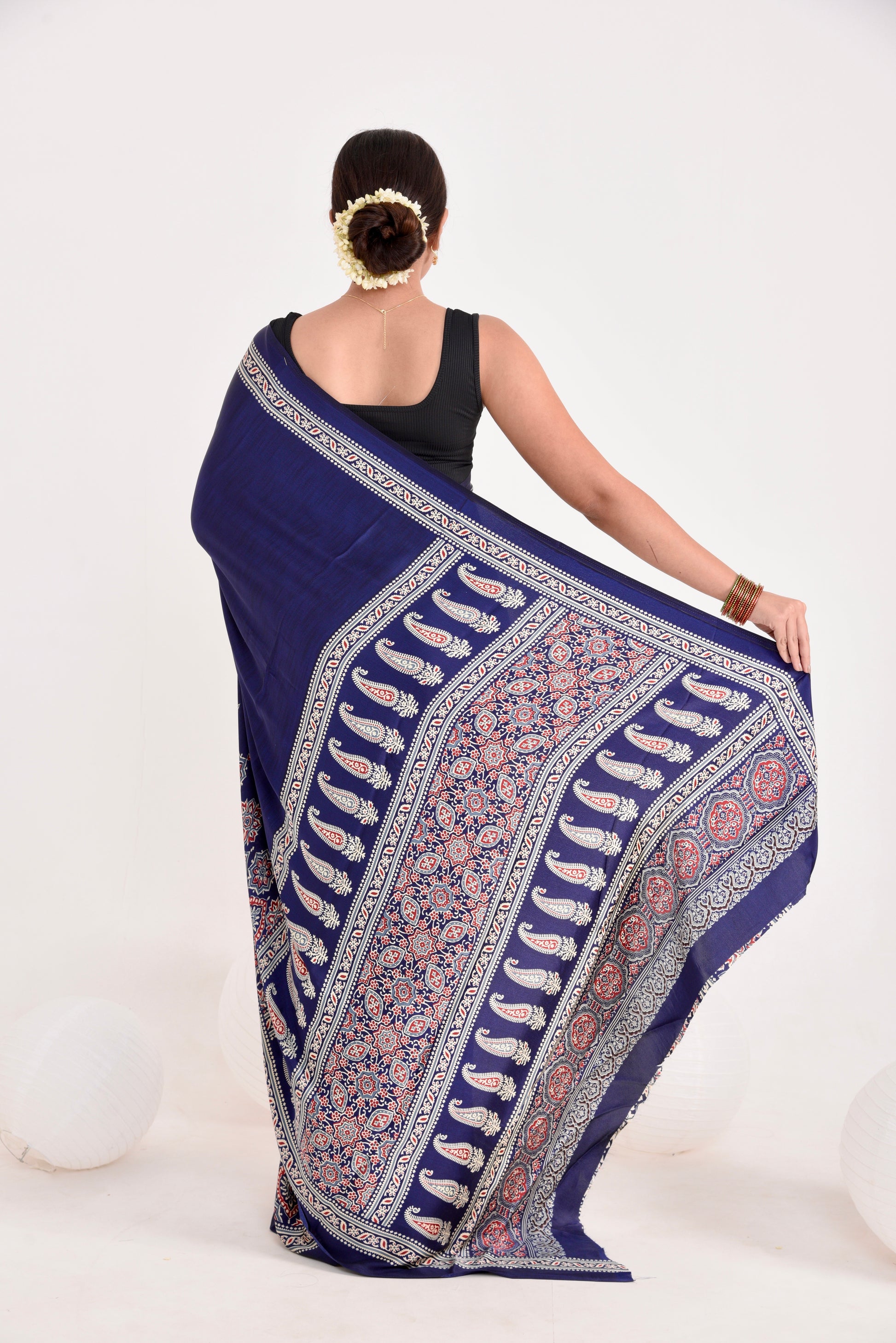 Half Printed Ajrakh Saree
