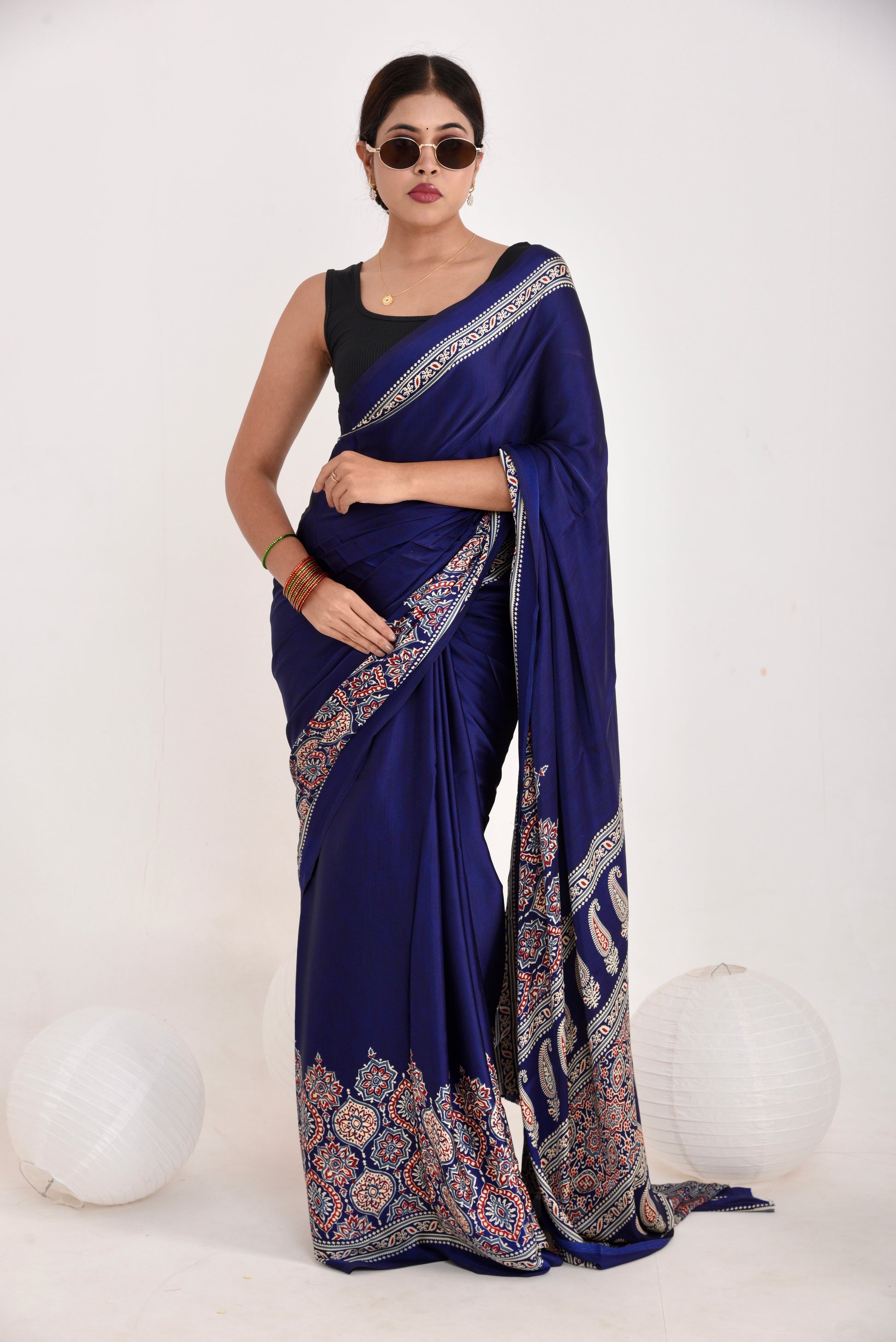 Half Printed Ajrakh Saree