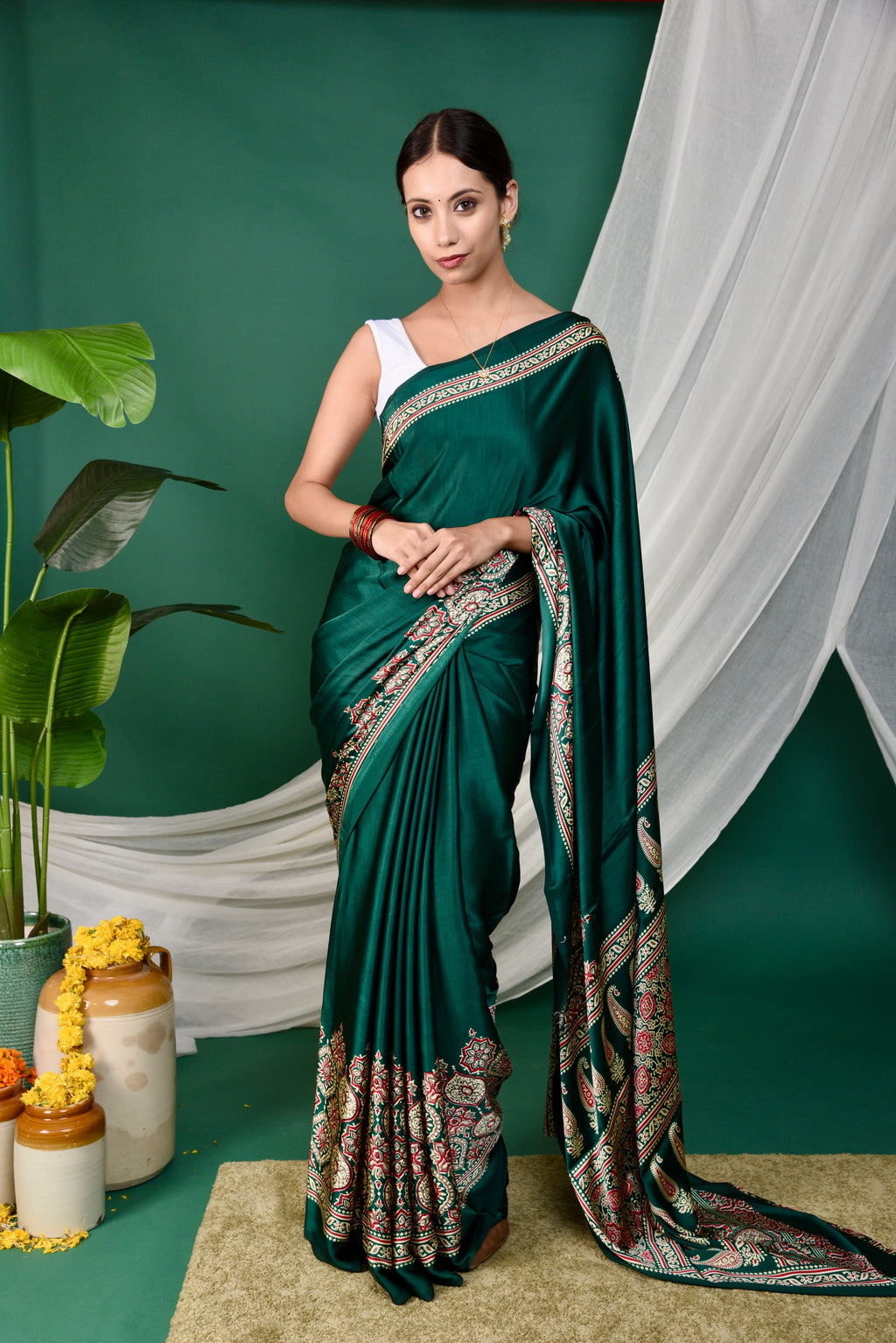 Half Printed Ajrakh Saree