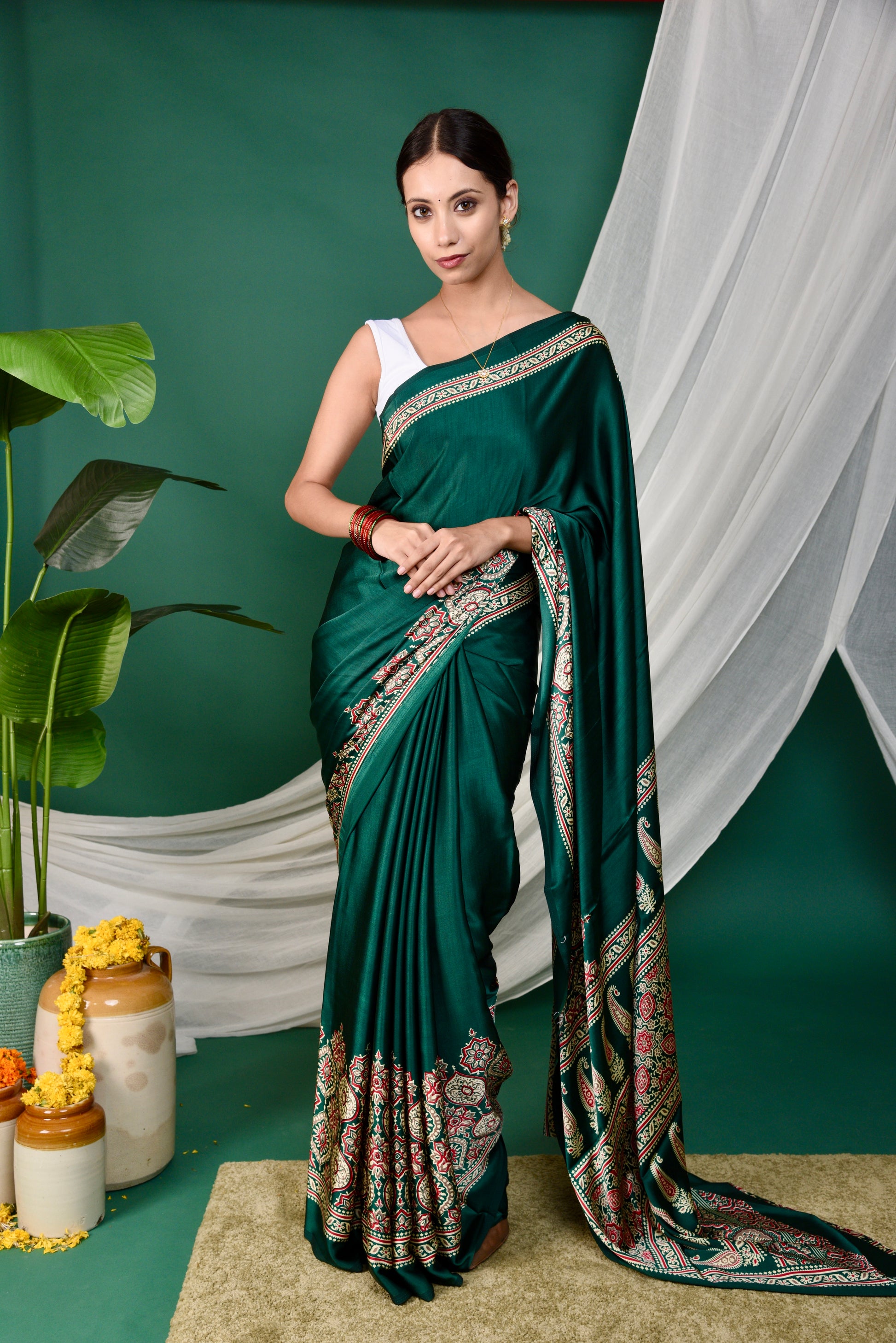 Half Printed Ajrakh Saree
