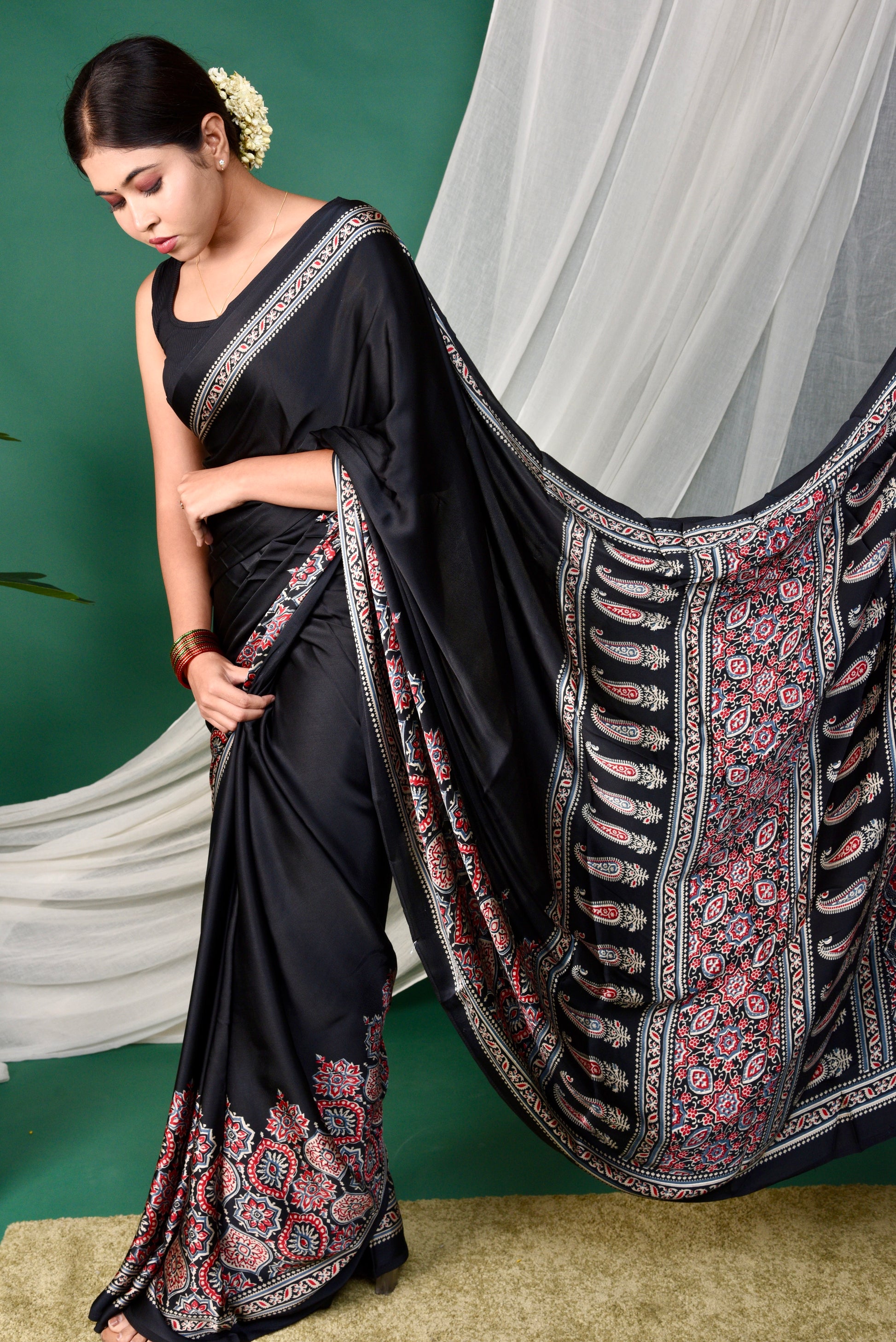 Half Printed Ajrakh Saree