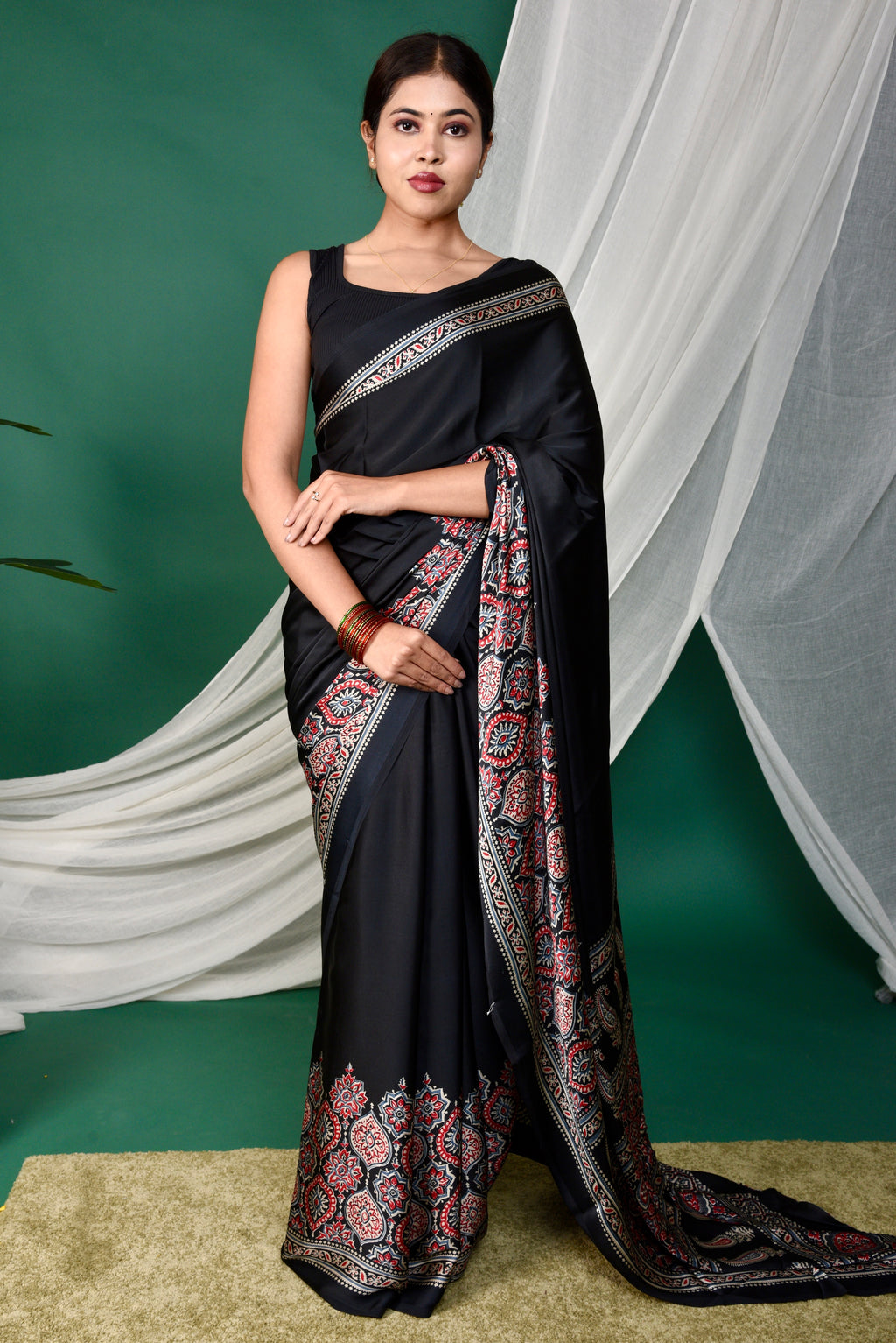 Half Printed Ajrakh Saree