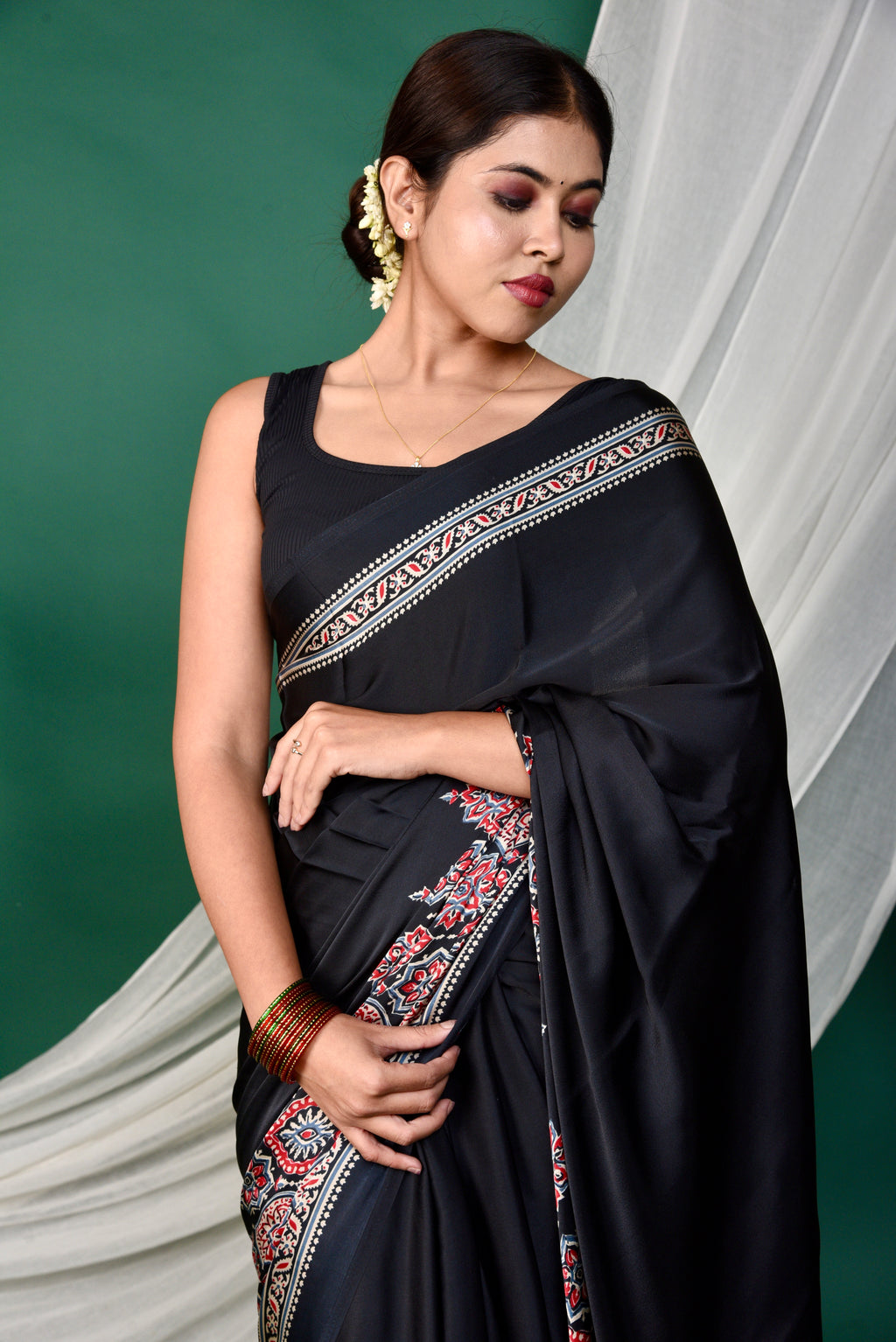 Half Printed Ajrakh Saree