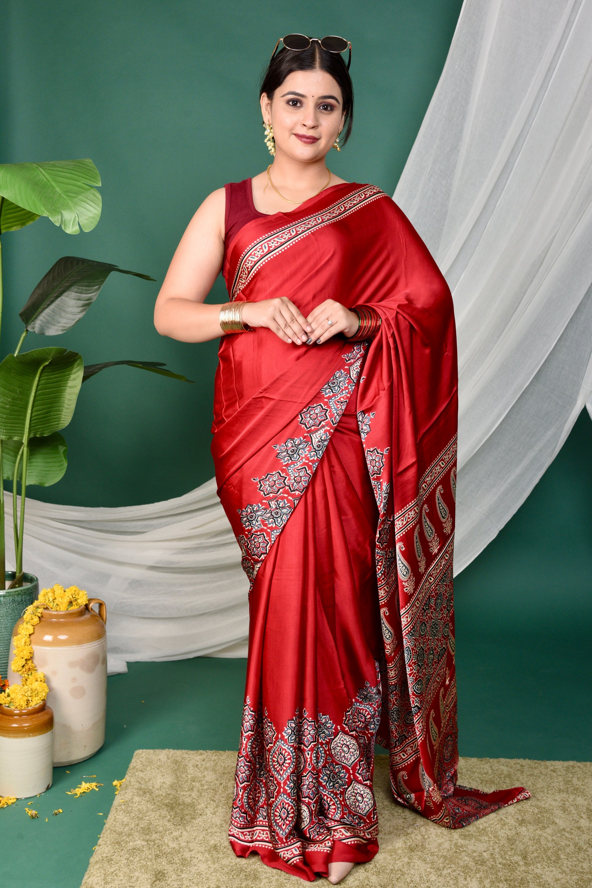 Half Printed Ajrakh Saree
