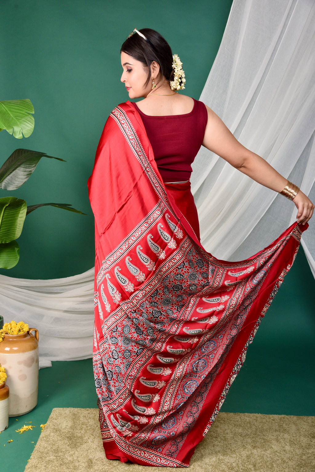 Half Printed Ajrakh Saree