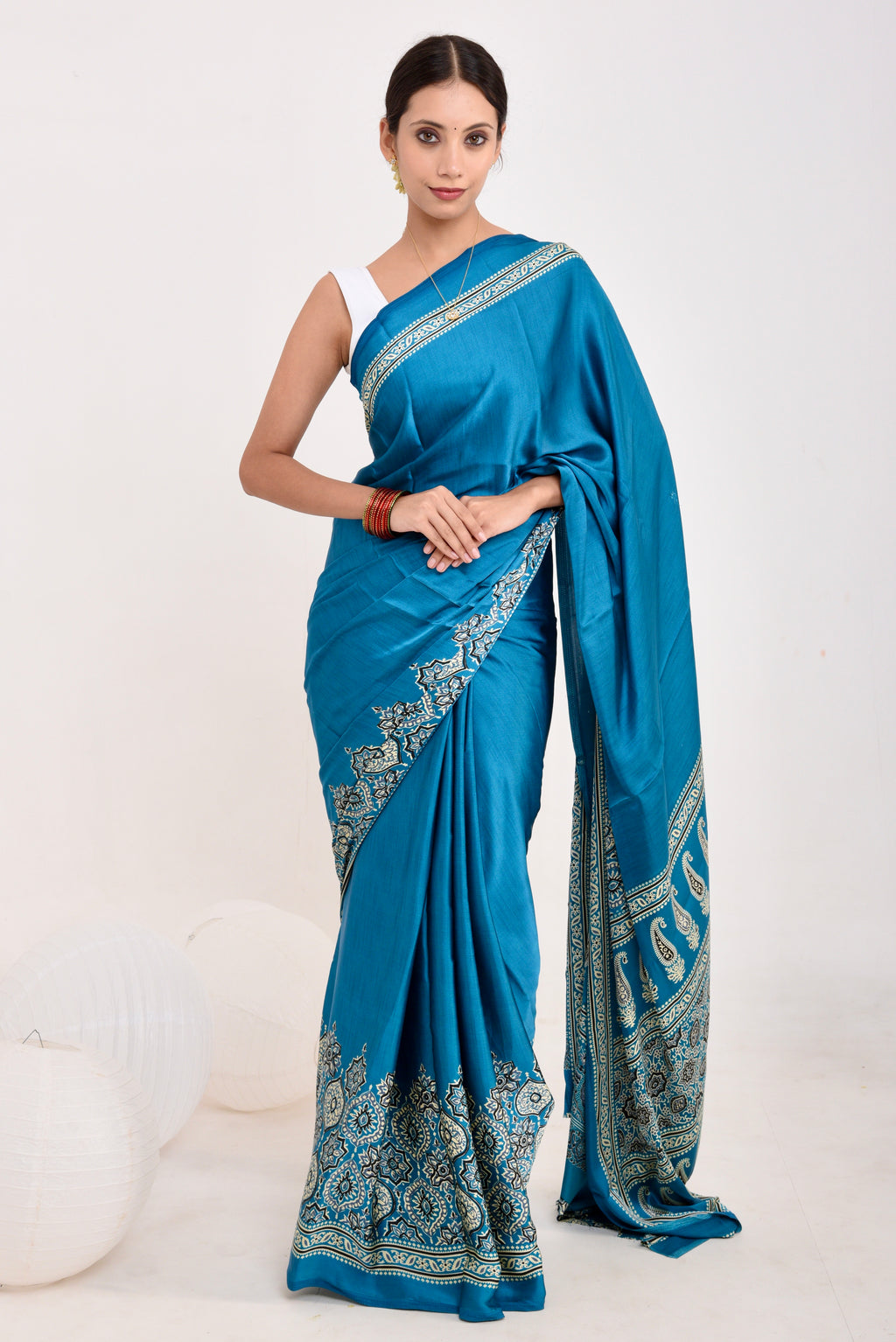 Half Printed Ajrakh Saree