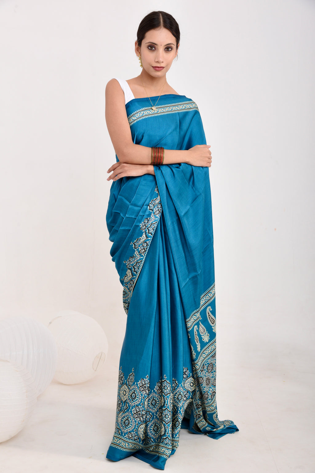 Half Printed Ajrakh Saree