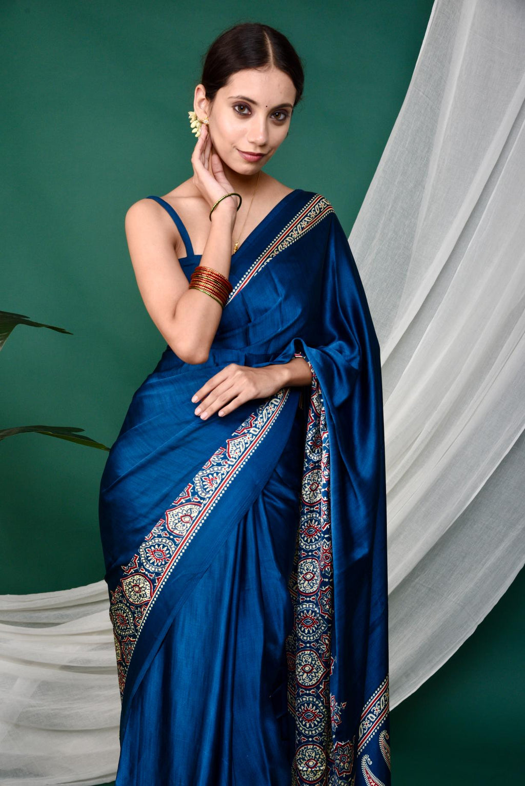 Half Printed Ajrakh Saree