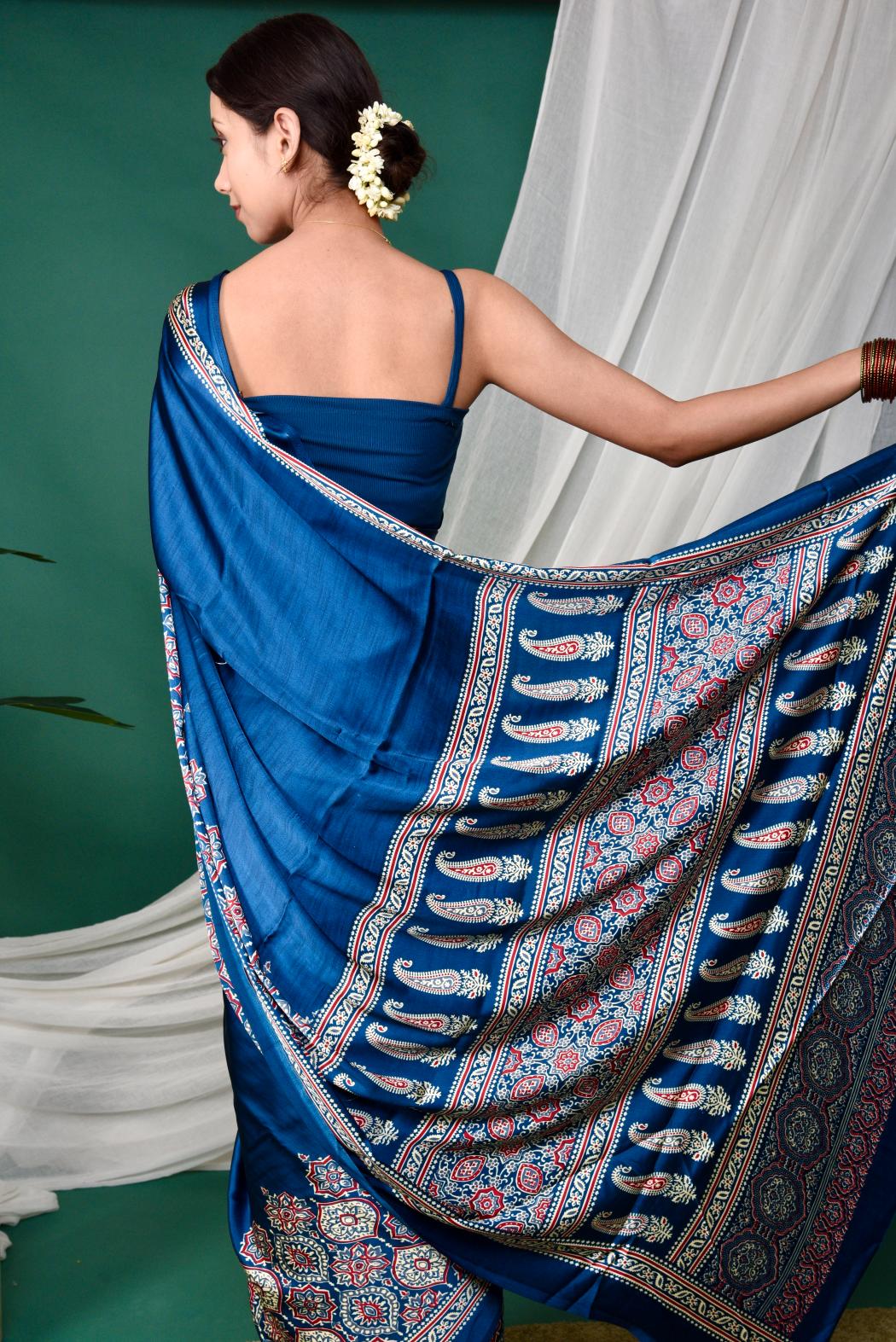 Half Printed Ajrakh Saree