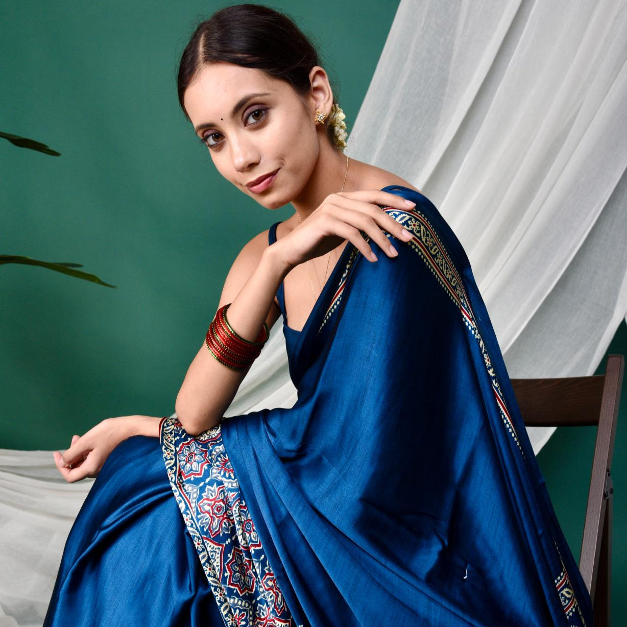 Half Printed Ajrakh Saree