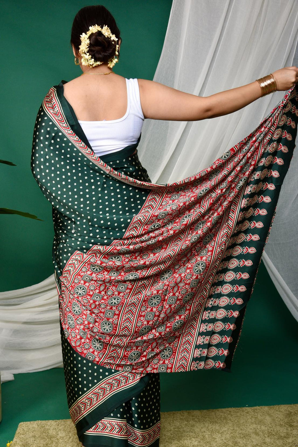 Half Printed Ajrakh Saree