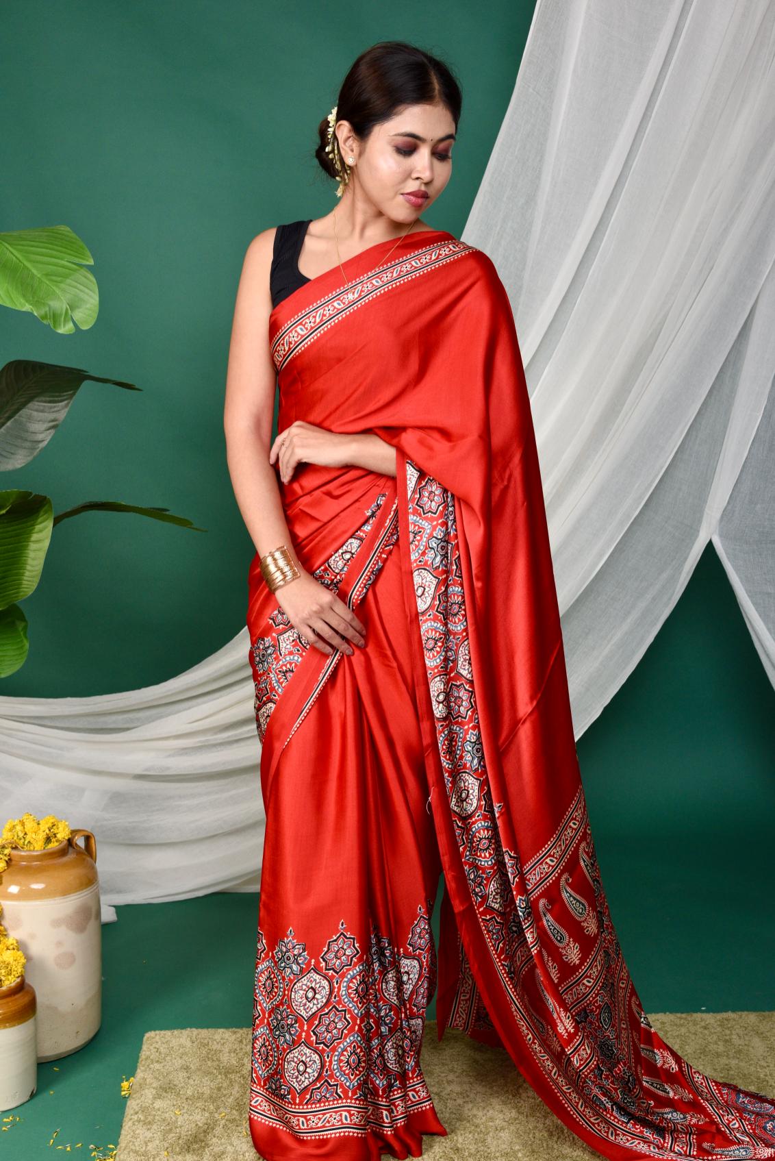 Half Printed Ajrakh Saree