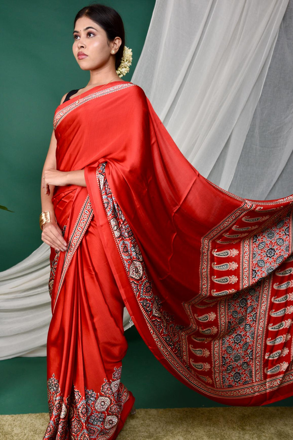 Half Printed Ajrakh Saree
