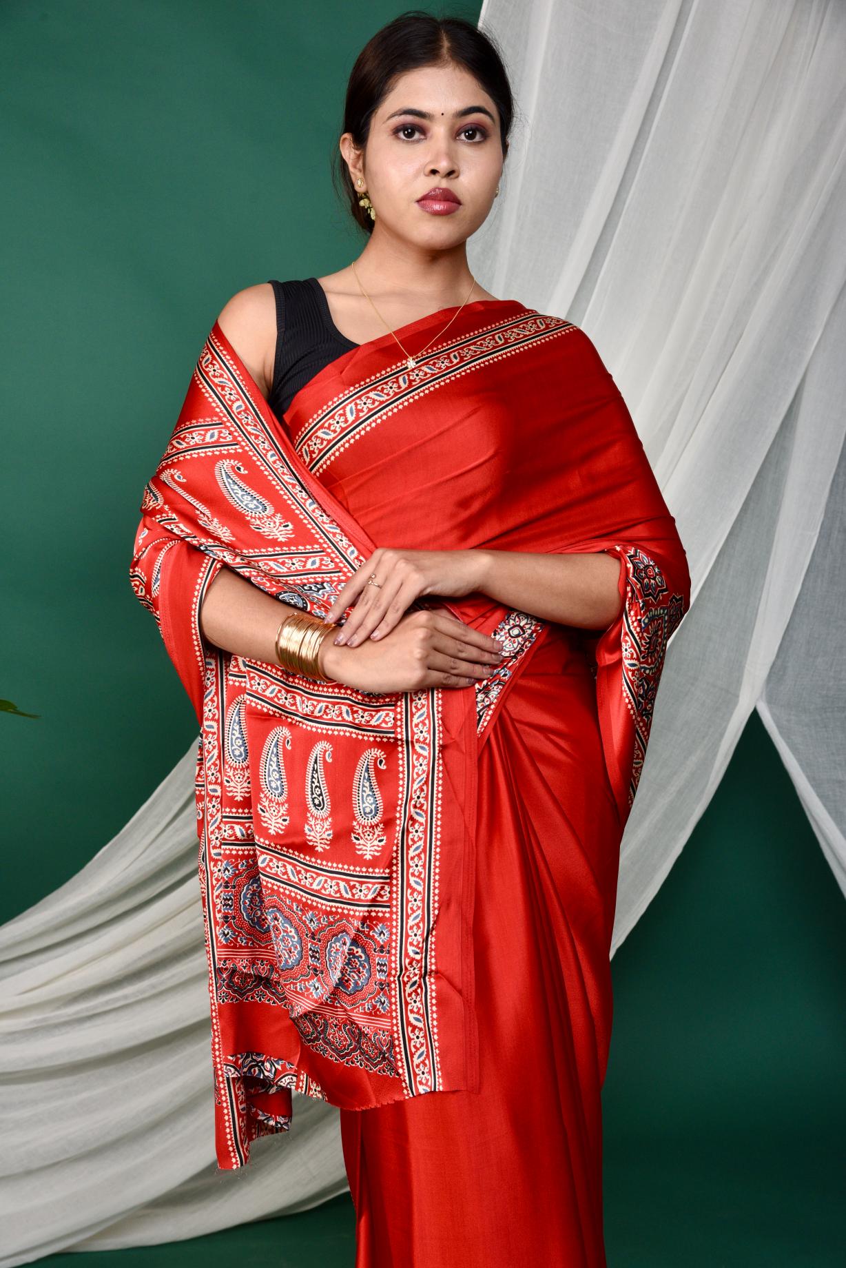 Half Printed Ajrakh Saree